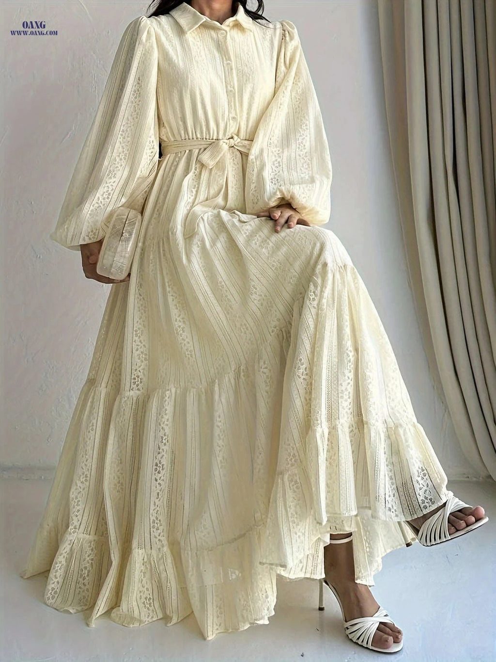 Women's Long Sleeve Abaya Dress - Elegant Lace Overlay, Floor-Length   OAXG Apricot / S