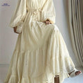Women's Long Sleeve Abaya Dress - Elegant Lace Overlay, Floor-Length   OAXG Apricot / S
