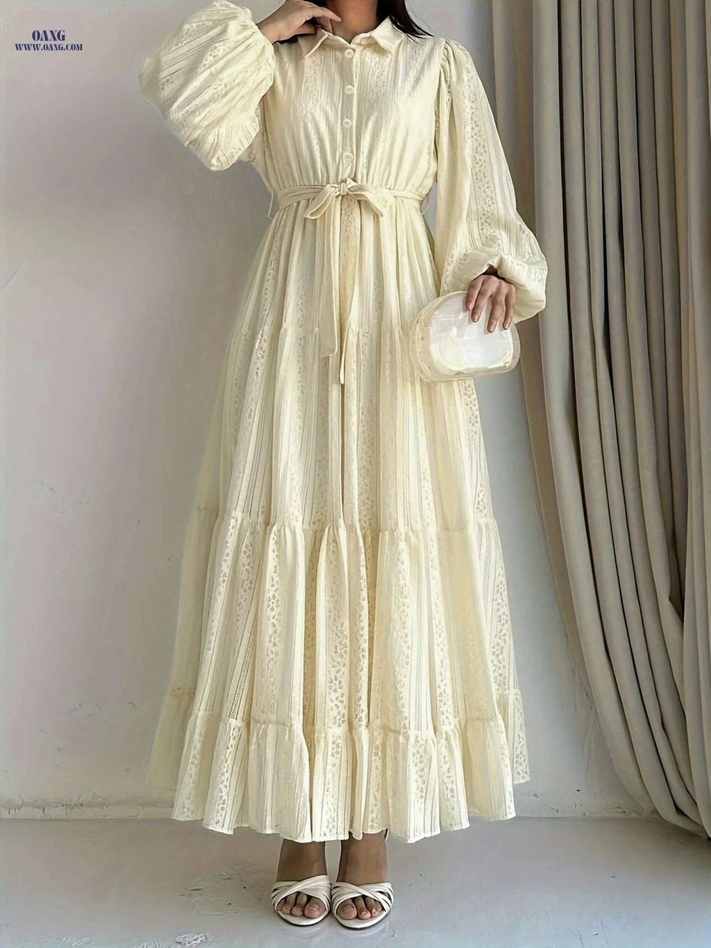 Women's Long Sleeve Abaya Dress - Elegant Lace Overlay, Floor-Length   OAXG Apricot / S