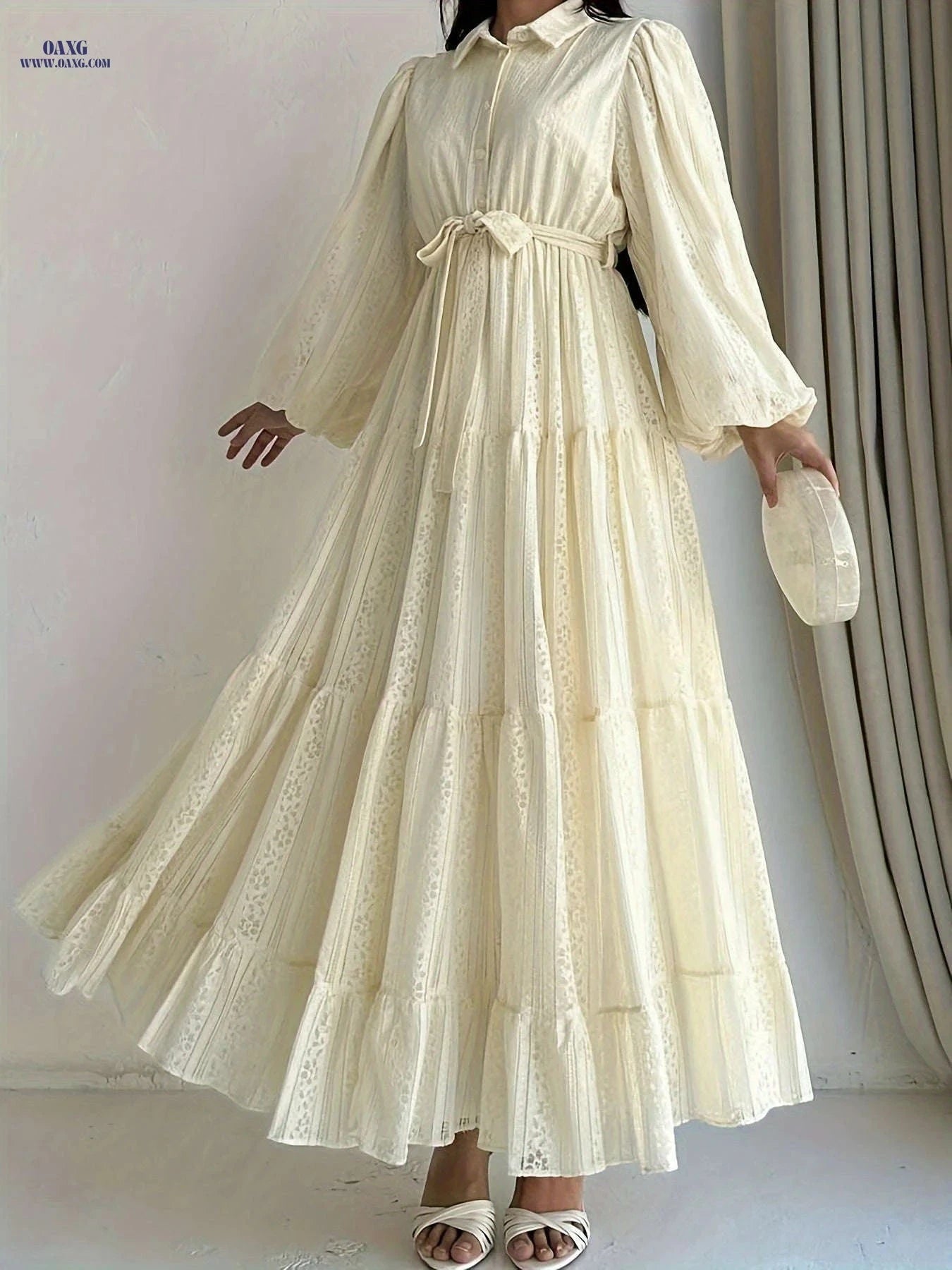 Women's Long Sleeve Abaya Dress - Elegant Lace Overlay, Floor-Length   OAXG 