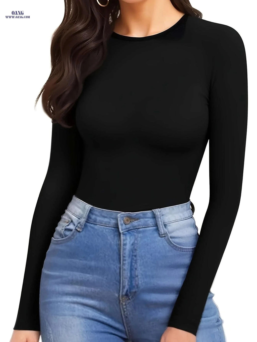 Women's Long-Sleeve Bodysuit - Elegant Round Neck, Stretchy Fabric   OAXG White / S