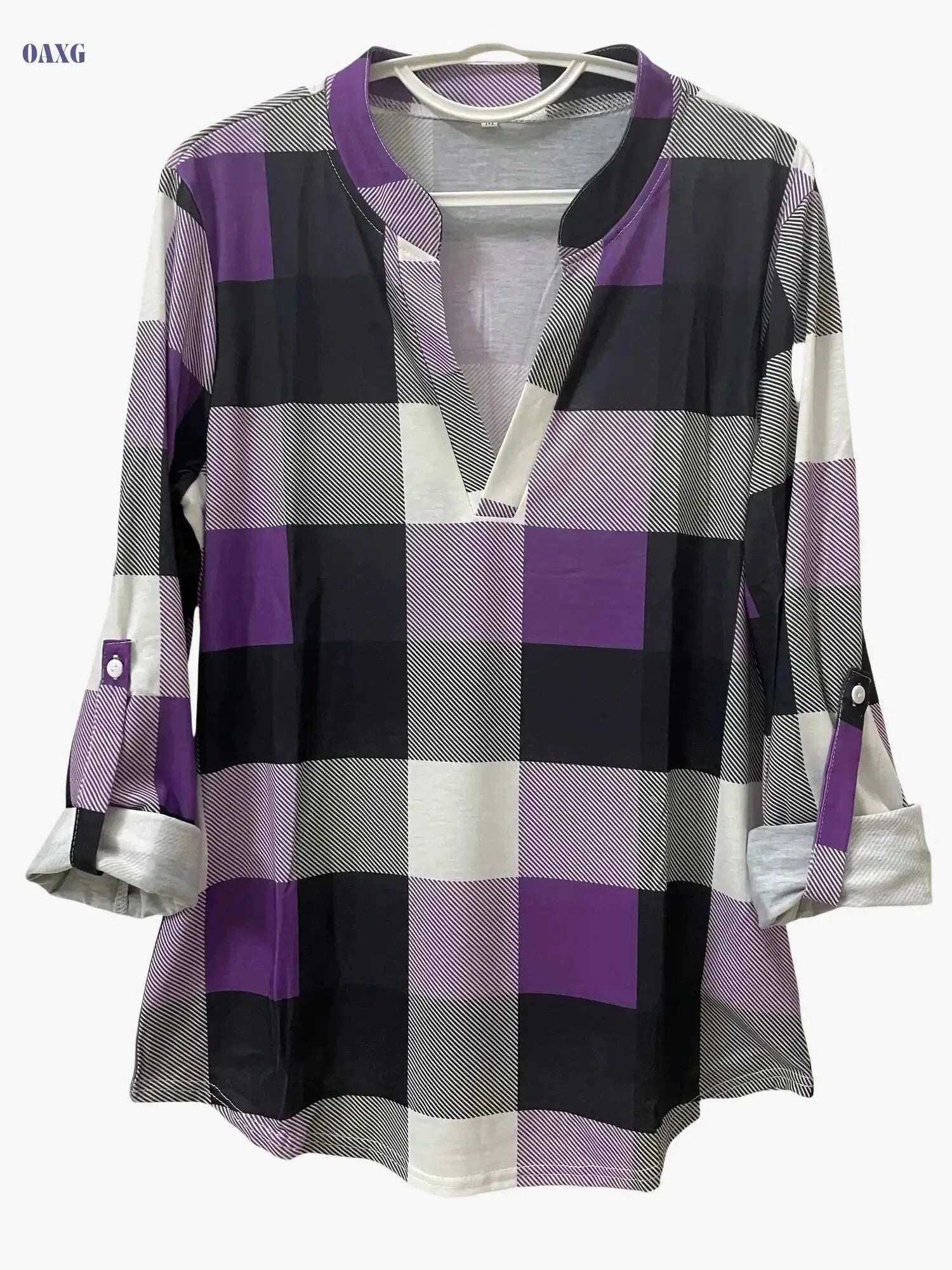 Women's Long Sleeve Casual Plaid Shirt - V-neck Everyday Top   OAXG 