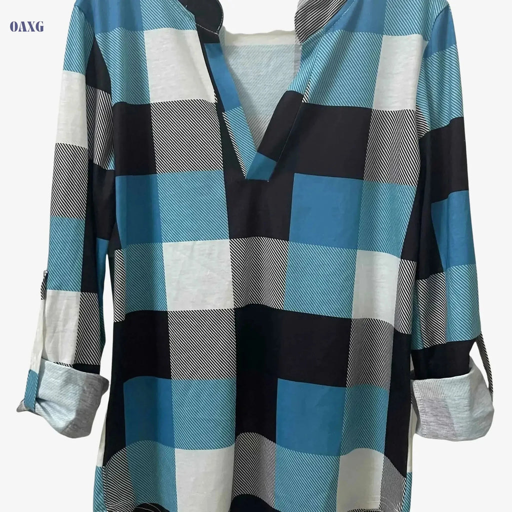 Women's Long Sleeve Casual Plaid Shirt - V-neck Everyday Top   OAXG 