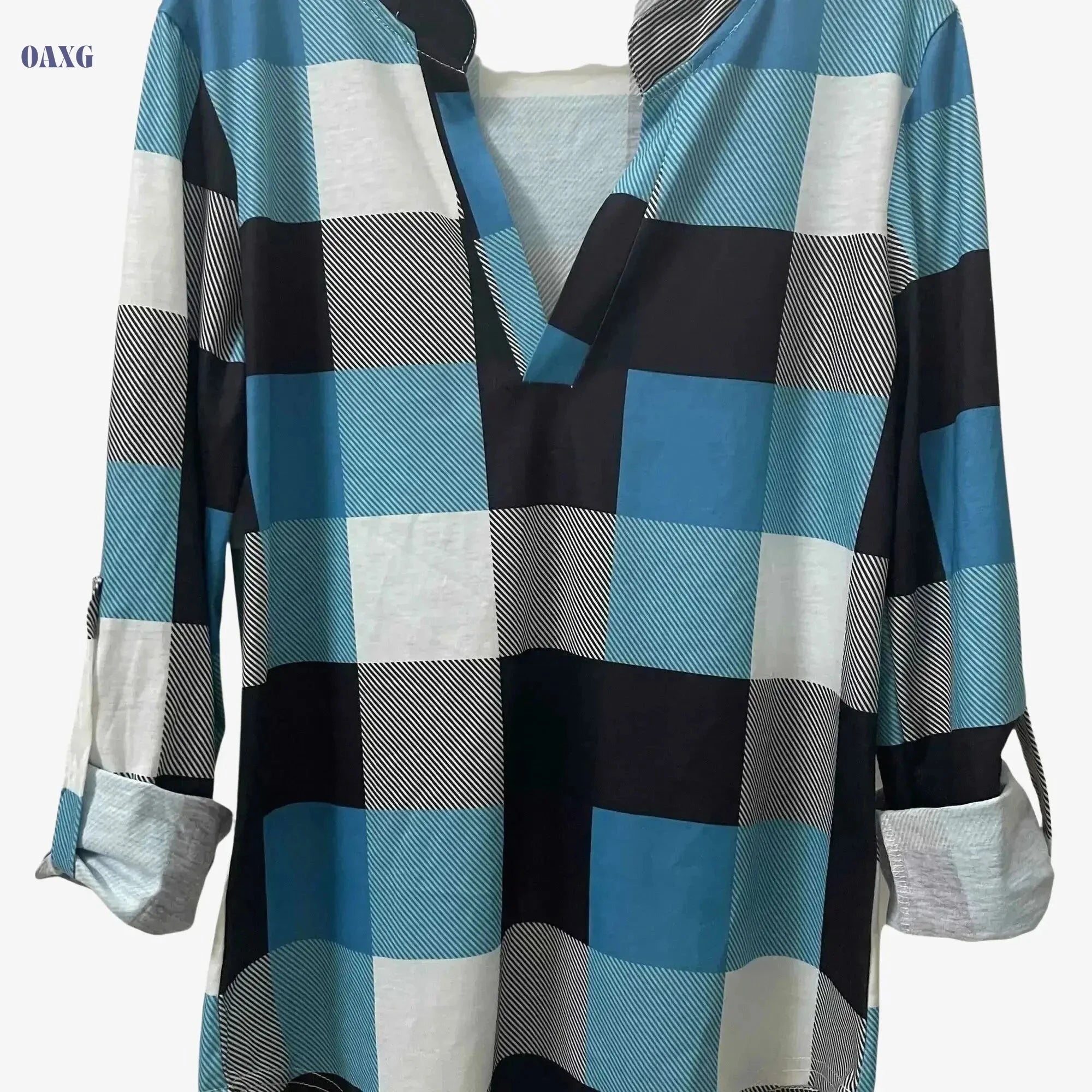 Women's Long Sleeve Casual Plaid Shirt - V-neck Everyday Top   OAXG 