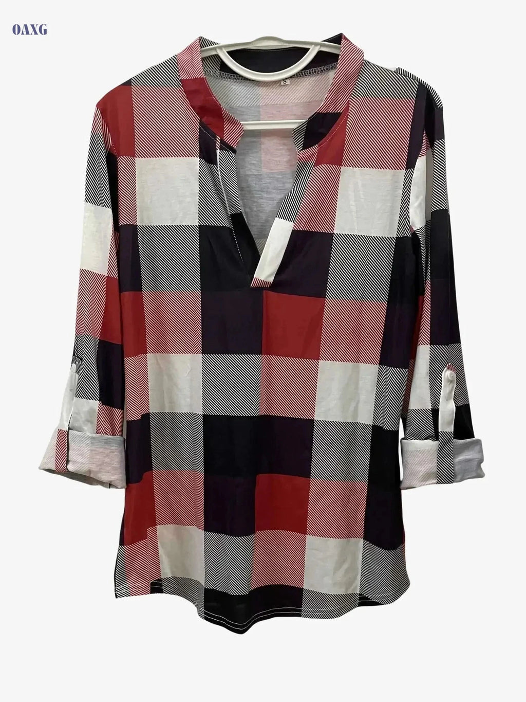 Women's Long Sleeve Casual Plaid Shirt - V-neck Everyday Top   OAXG 