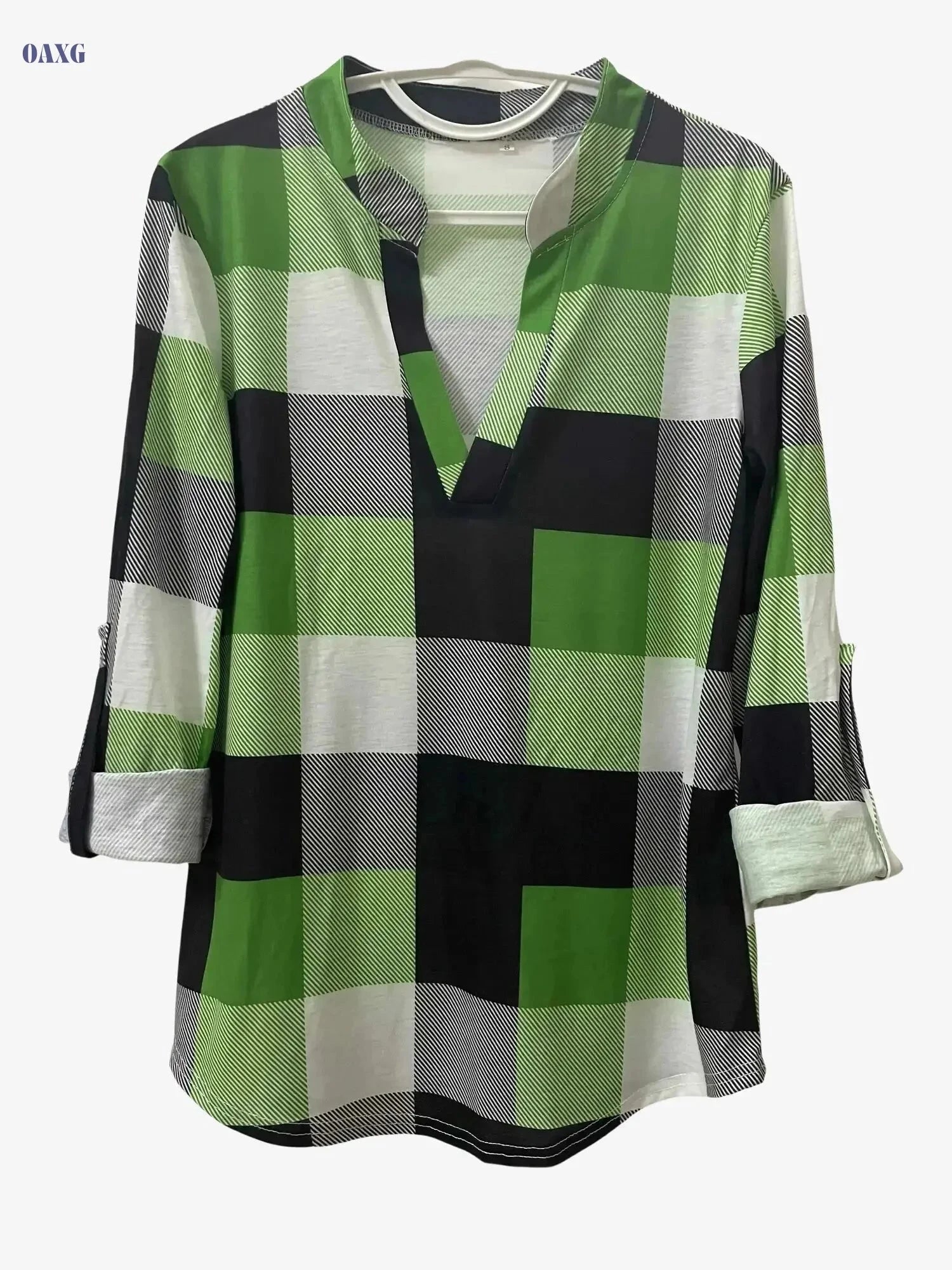 Women's Long Sleeve Casual Plaid Shirt - V-neck Everyday Top   OAXG 