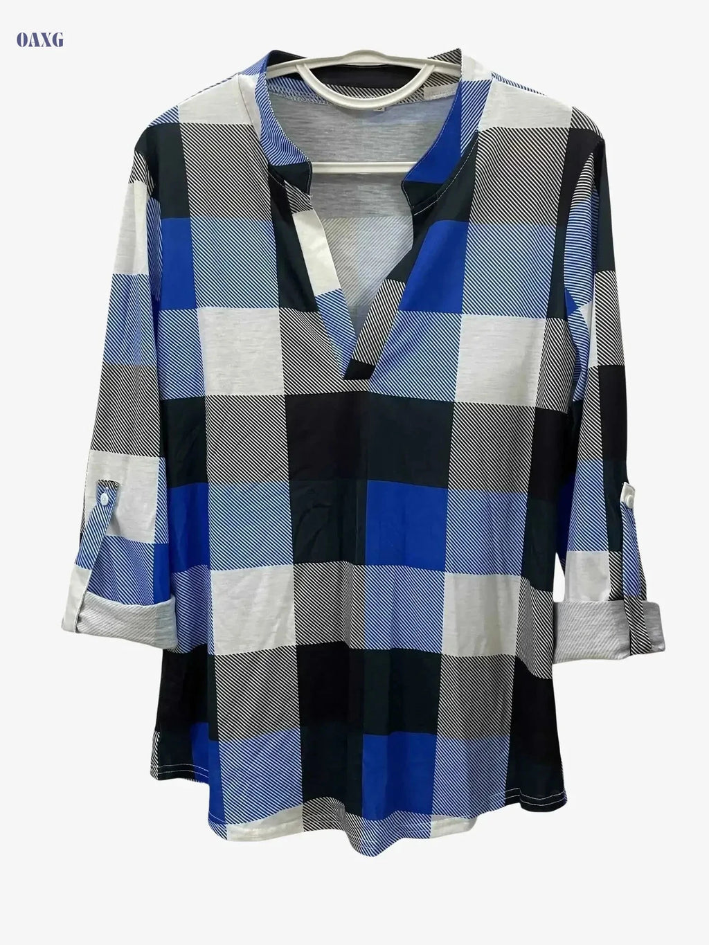 Women's Long Sleeve Casual Plaid Shirt - V-neck Everyday Top   OAXG Lake Blue / S