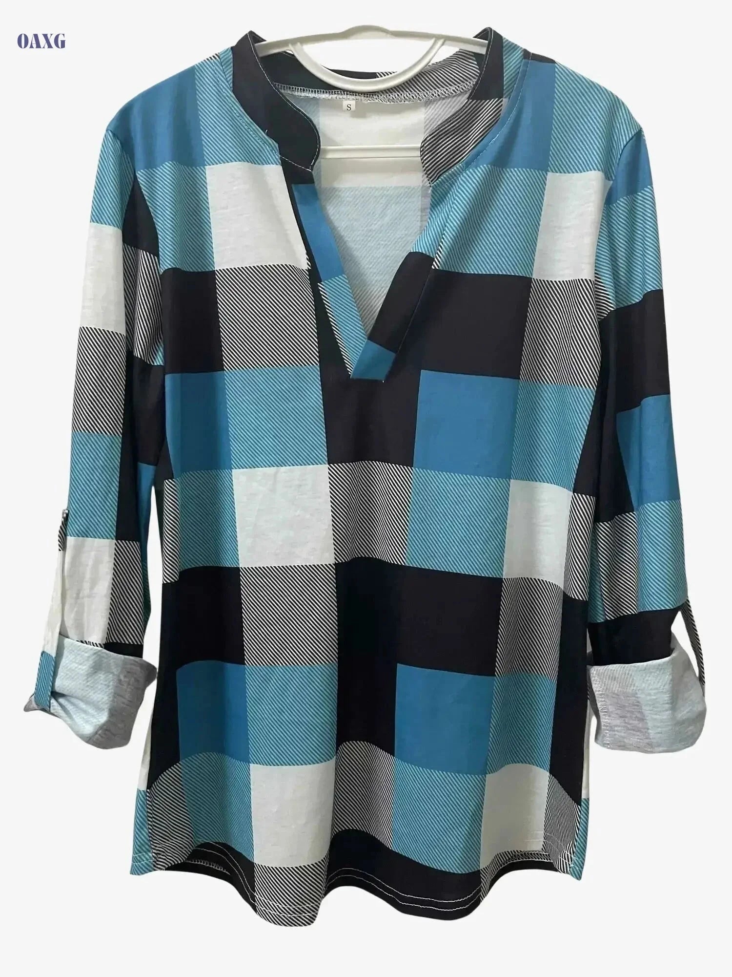 Women's Long Sleeve Casual Plaid Shirt - V-neck Everyday Top   OAXG Lake Blue / S