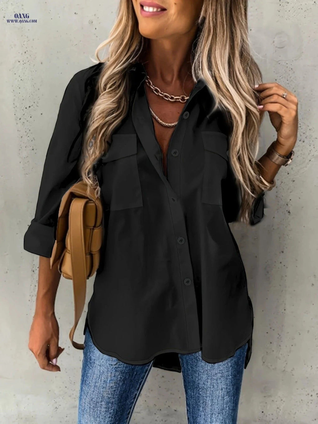 Women's Long Sleeve Casual Shirt - Solid Color with Collar   OAXG White / S