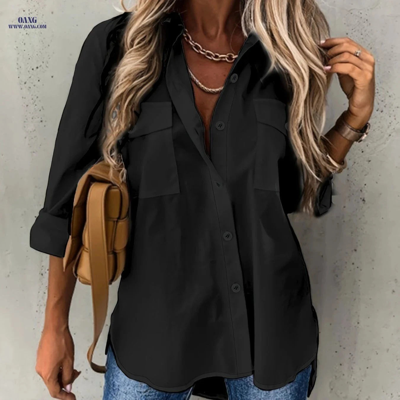 Women's Long Sleeve Casual Shirt - Solid Color with Collar   OAXG White / S