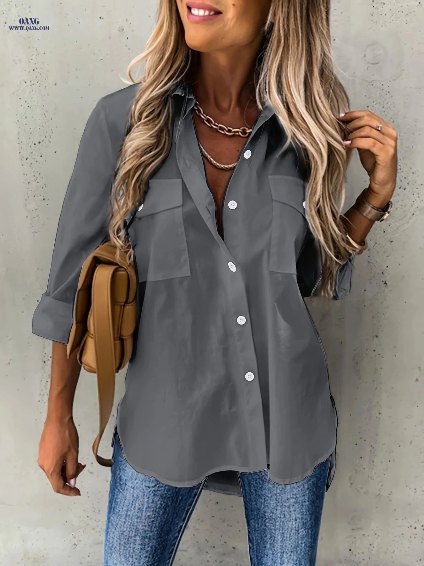 Women's Long Sleeve Casual Shirt - Solid Color with Collar   OAXG White / S