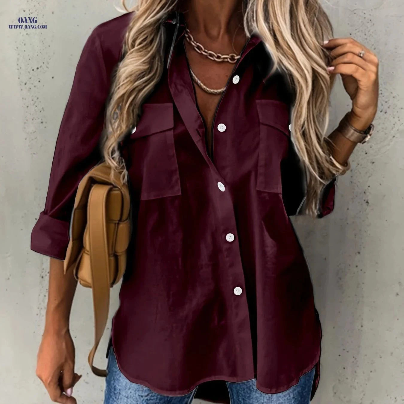 Women's Long Sleeve Casual Shirt - Solid Color with Collar   OAXG White / S
