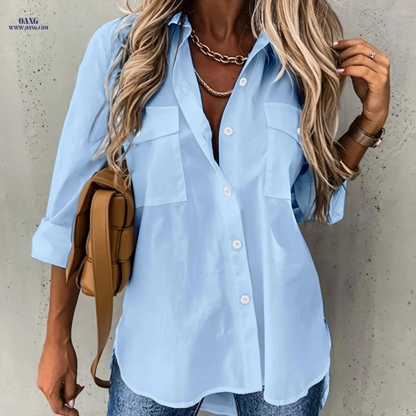 Women's Long Sleeve Casual Shirt - Solid Color with Collar   OAXG White / S