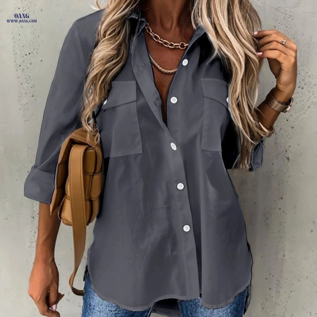Women's Long Sleeve Casual Shirt - Solid Color with Collar   OAXG White / S