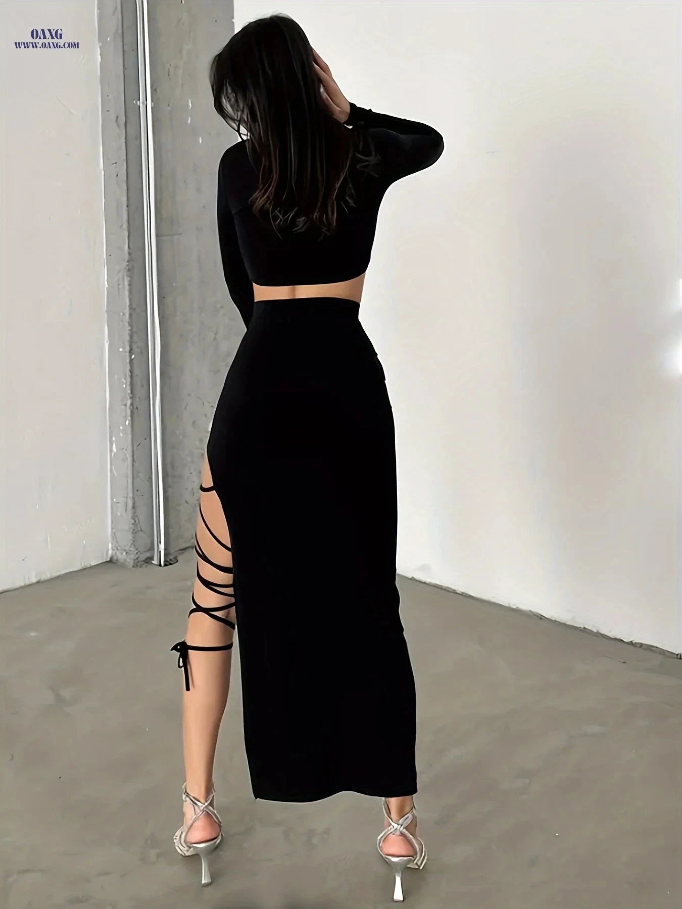 Women’s Long Sleeve Crop Top & Side Split Lace-Up Skirt Set   OAXG 