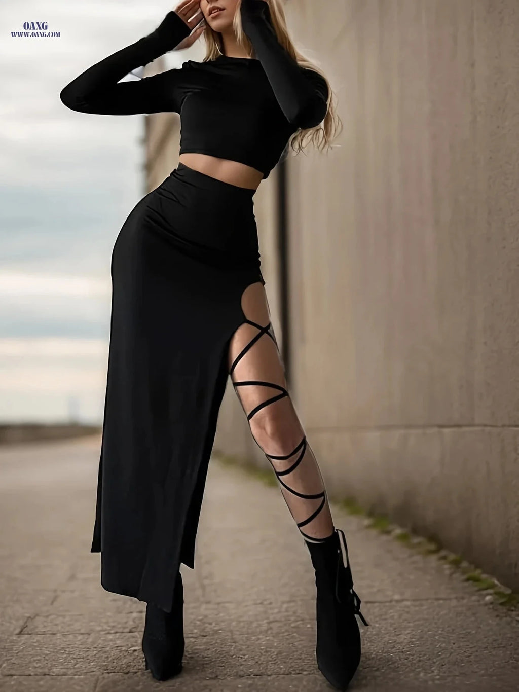 Women’s Long Sleeve Crop Top & Side Split Lace-Up Skirt Set   OAXG 