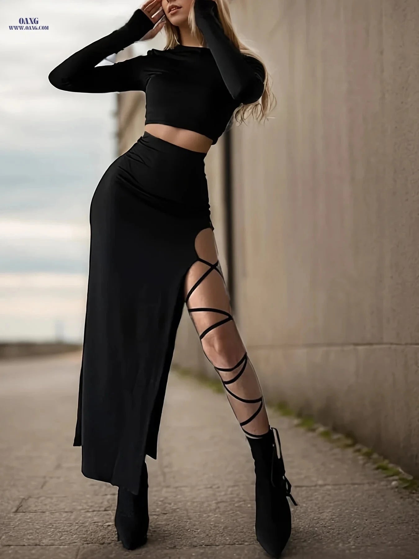 Women’s Long Sleeve Crop Top & Side Split Lace-Up Skirt Set   OAXG 