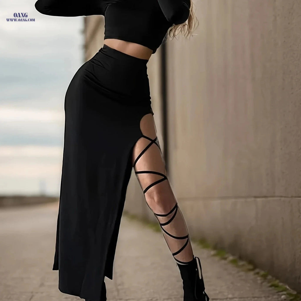 Women’s Long Sleeve Crop Top & Side Split Lace-Up Skirt Set   OAXG Black / XS