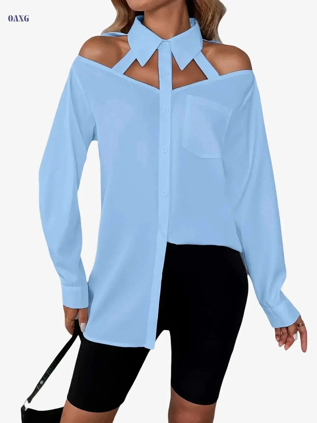 Women's Long-Sleeve Hollow-Out Shirt - Casual Solid Color Style   OAXG 