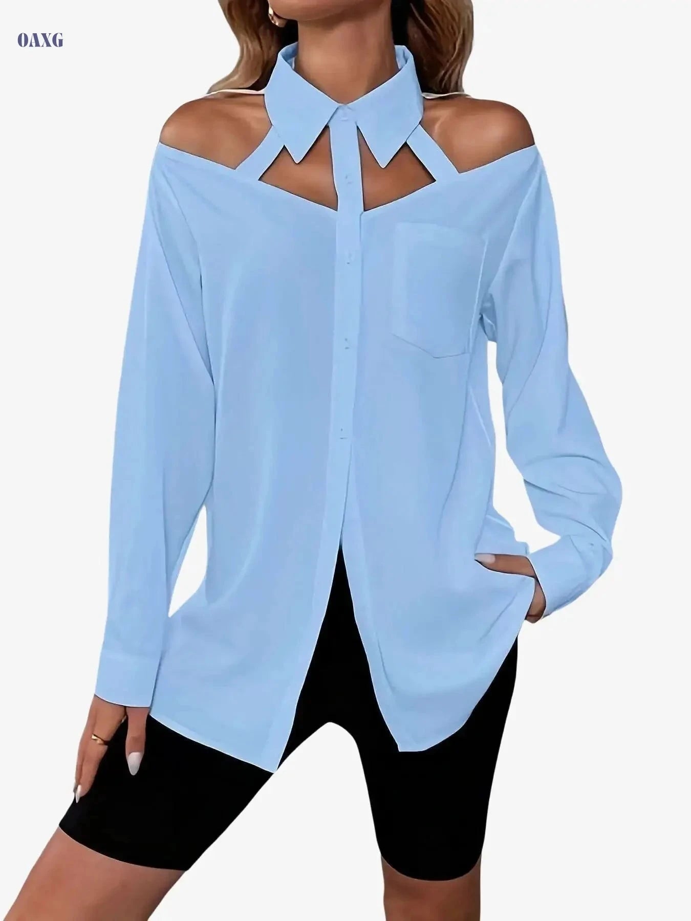 Women's Long-Sleeve Hollow-Out Shirt - Casual Solid Color Style   OAXG 