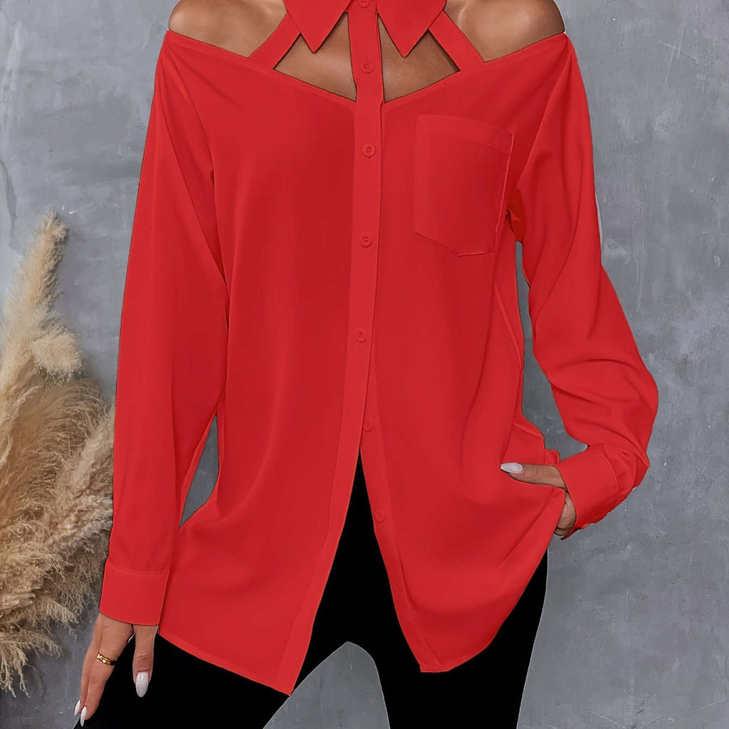 Women's Long-Sleeve Hollow-Out Shirt - Casual Solid Color Style   OAXG Black / S