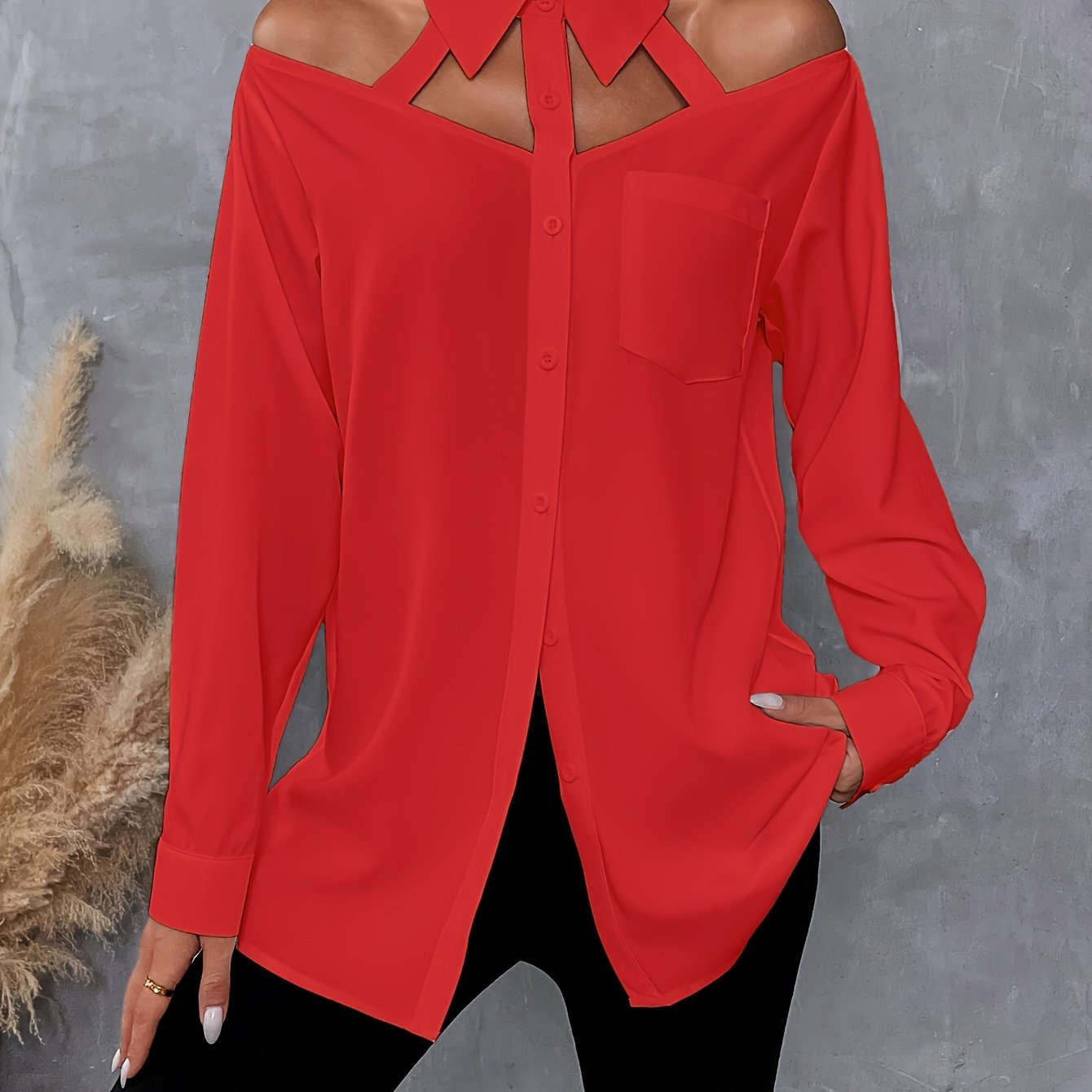 Women's Long-Sleeve Hollow-Out Shirt - Casual Solid Color Style   OAXG Black / S