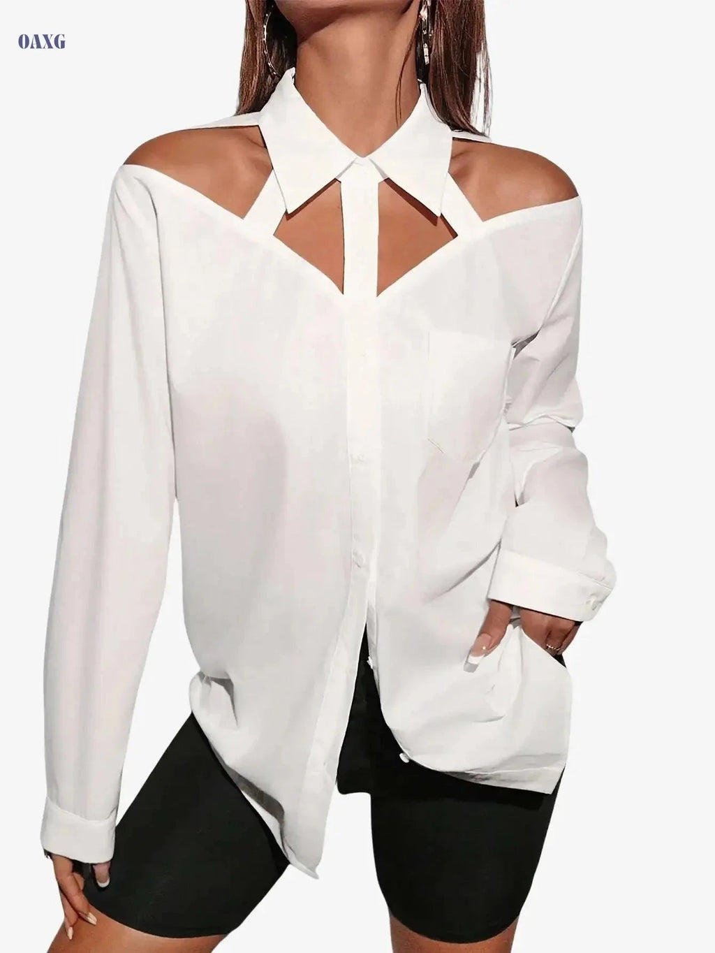 Women's Long-Sleeve Hollow-Out Shirt - Casual Solid Color Style   OAXG Black / S