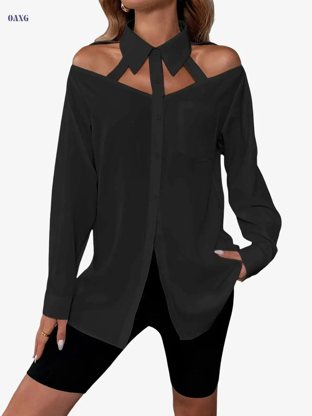Women's Long-Sleeve Hollow-Out Shirt - Casual Solid Color Style   OAXG 