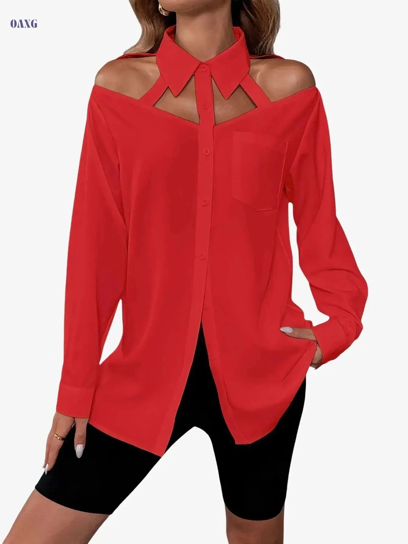 Women's Long-Sleeve Hollow-Out Shirt - Casual Solid Color Style   OAXG 