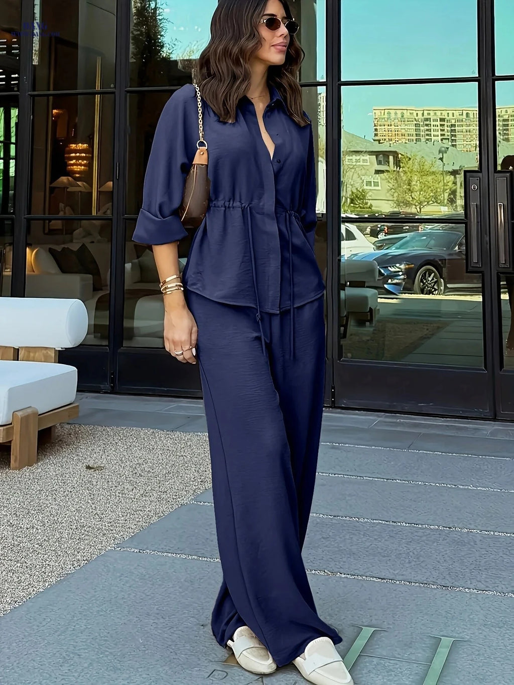 Women's Long Sleeve Lapel Top & Wide-Leg Pants Set - Casual Elegance   OAXG Coffee Brown / S