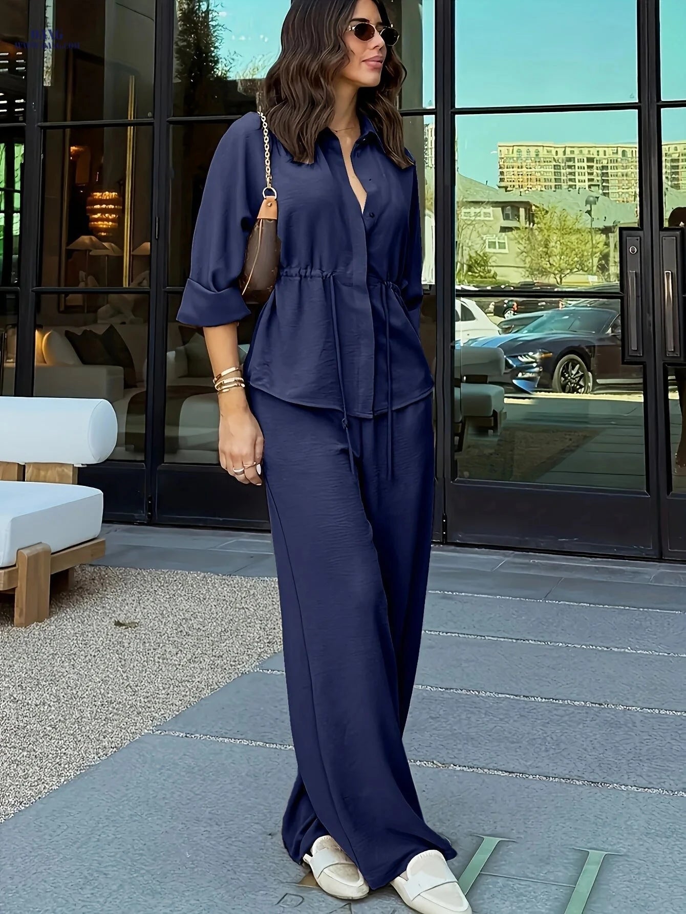 Women's Long Sleeve Lapel Top & Wide-Leg Pants Set - Casual Elegance   OAXG Coffee Brown / S