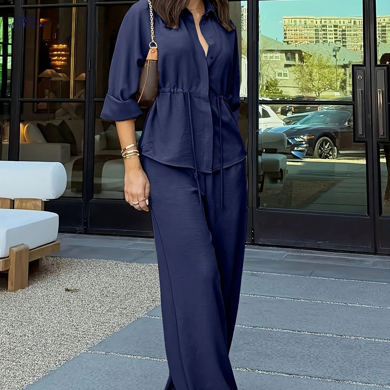 Women's Long Sleeve Lapel Top & Wide-Leg Pants Set - Casual Elegance   OAXG Coffee Brown / S