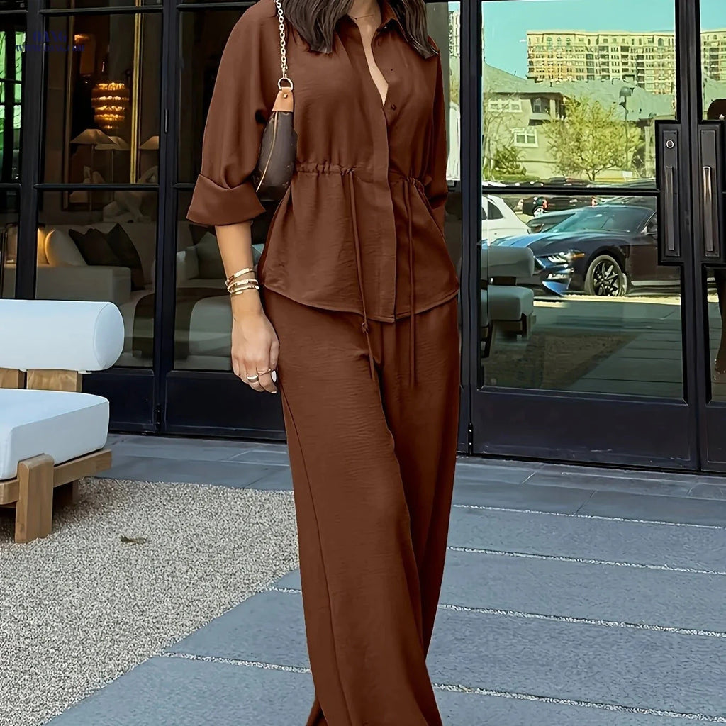 Women's Long Sleeve Lapel Top & Wide-Leg Pants Set - Casual Elegance   OAXG Coffee Brown / S