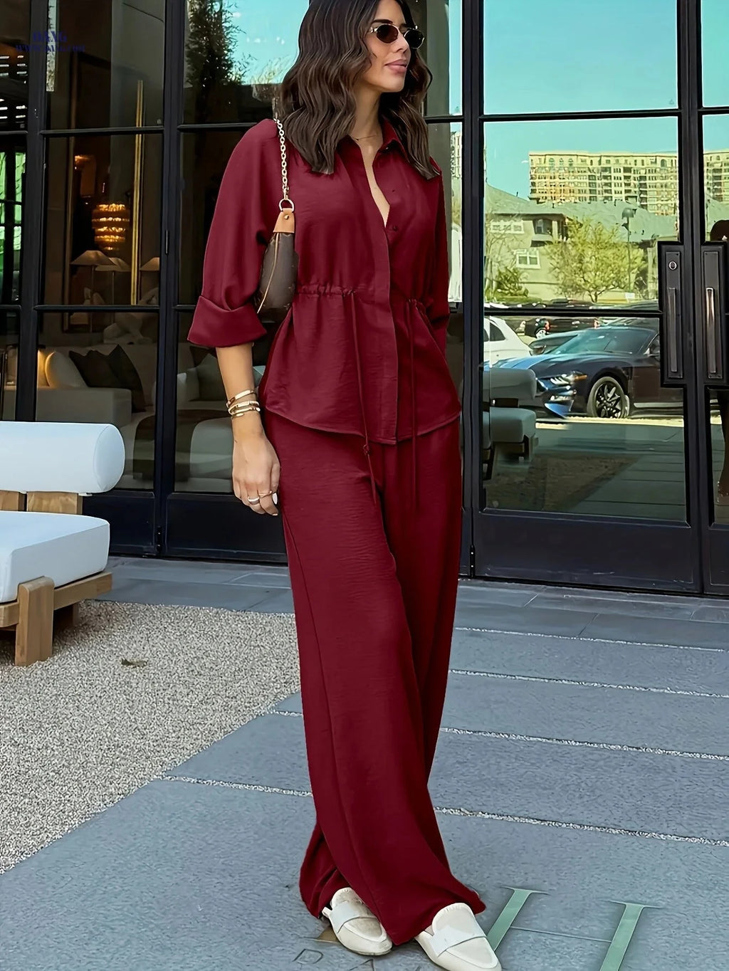 Women's Long Sleeve Lapel Top & Wide-Leg Pants Set - Casual Elegance   OAXG 