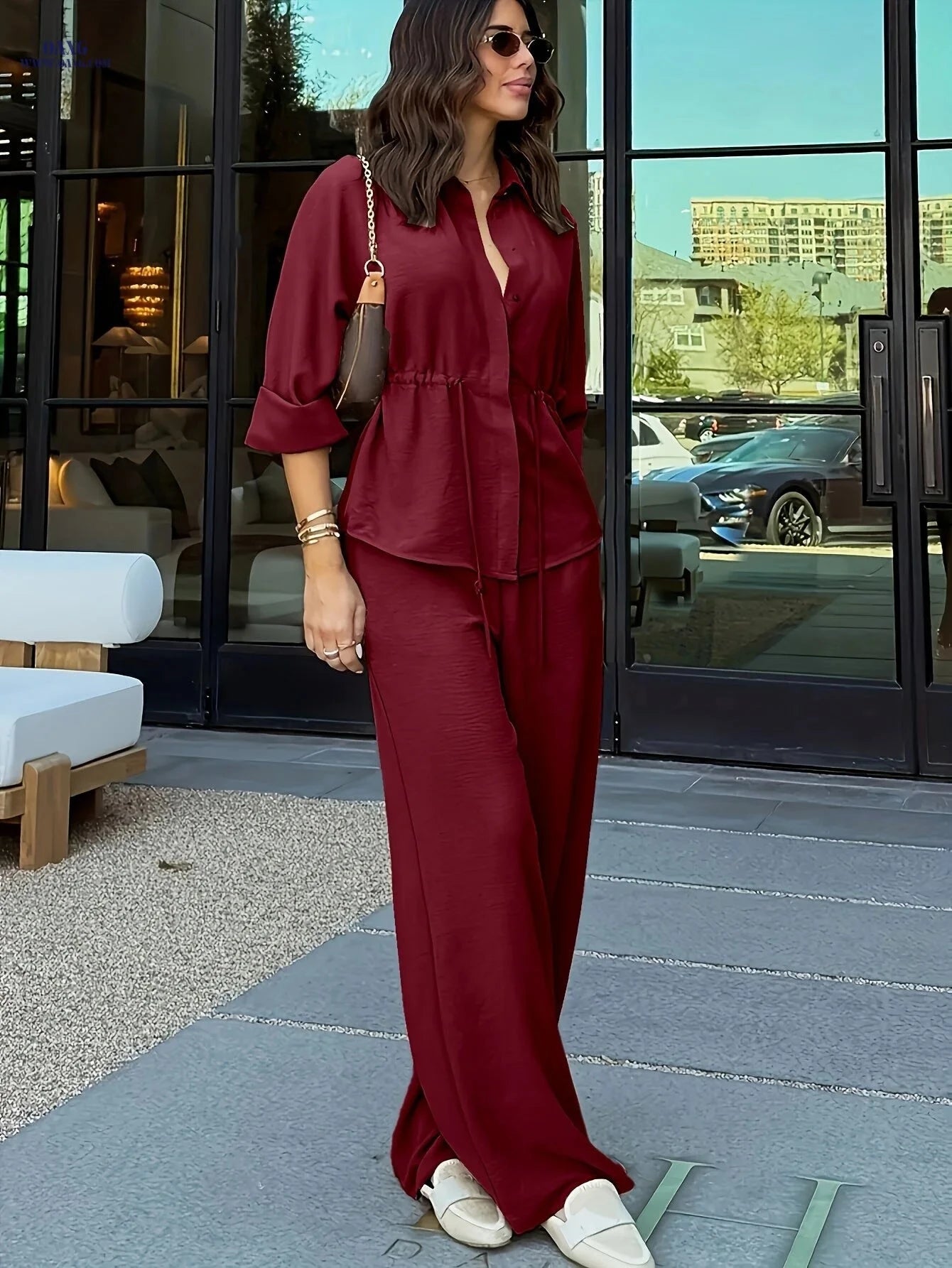 Women's Long Sleeve Lapel Top & Wide-Leg Pants Set - Casual Elegance   OAXG 