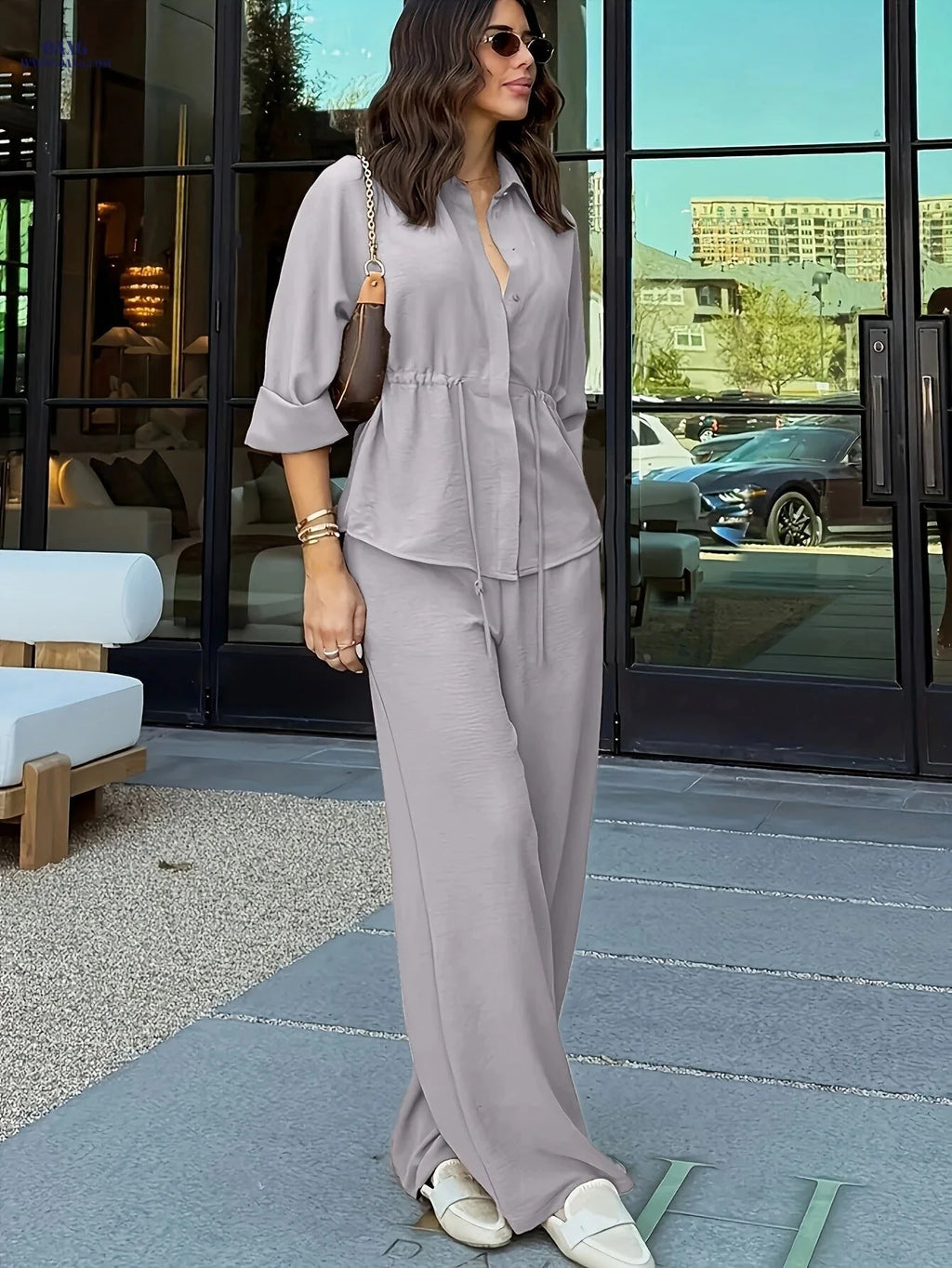 Women's Long Sleeve Lapel Top & Wide-Leg Pants Set - Casual Elegance   OAXG 