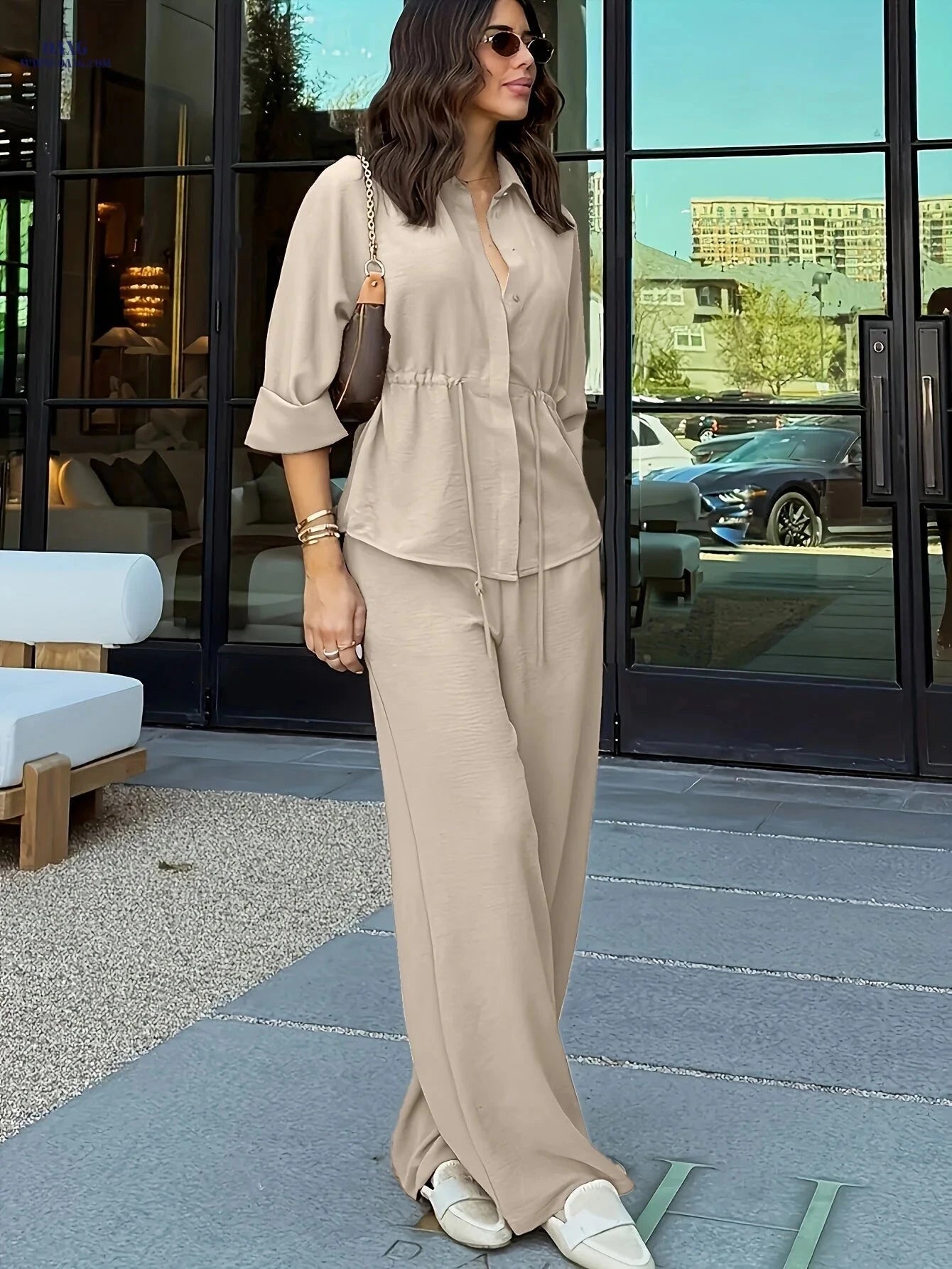 Women's Long Sleeve Lapel Top & Wide-Leg Pants Set - Casual Elegance   OAXG 