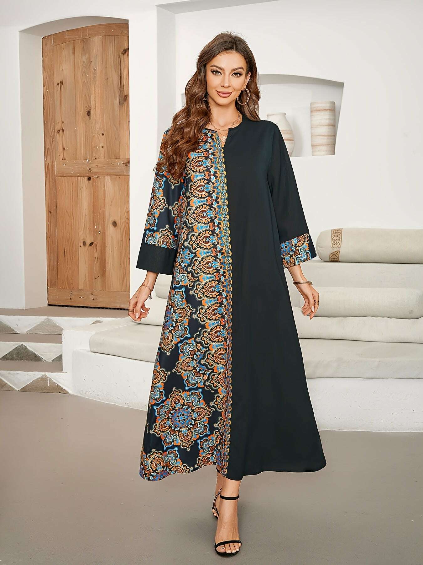 Women's Long Sleeve Maxi Kaftan Dress - Elegant Paisley, Comfortable Fit   OAXG 