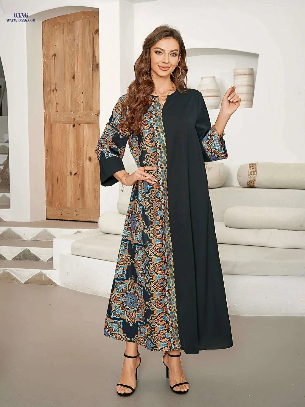 Women's Long Sleeve Maxi Kaftan Dress - Elegant Paisley, Comfortable Fit   OAXG Black / S