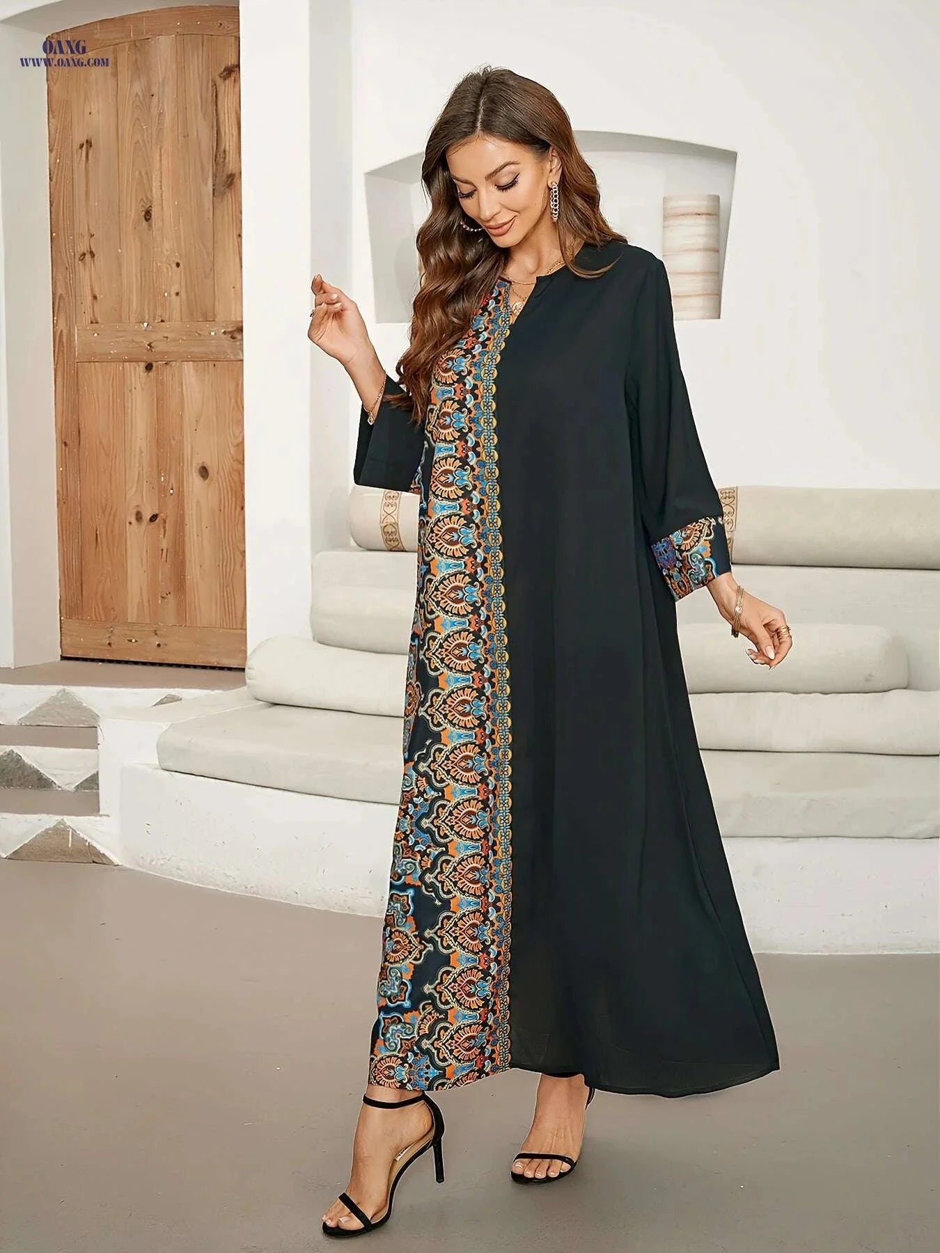 Women's Long Sleeve Maxi Kaftan Dress - Elegant Paisley, Comfortable Fit   OAXG Black / S