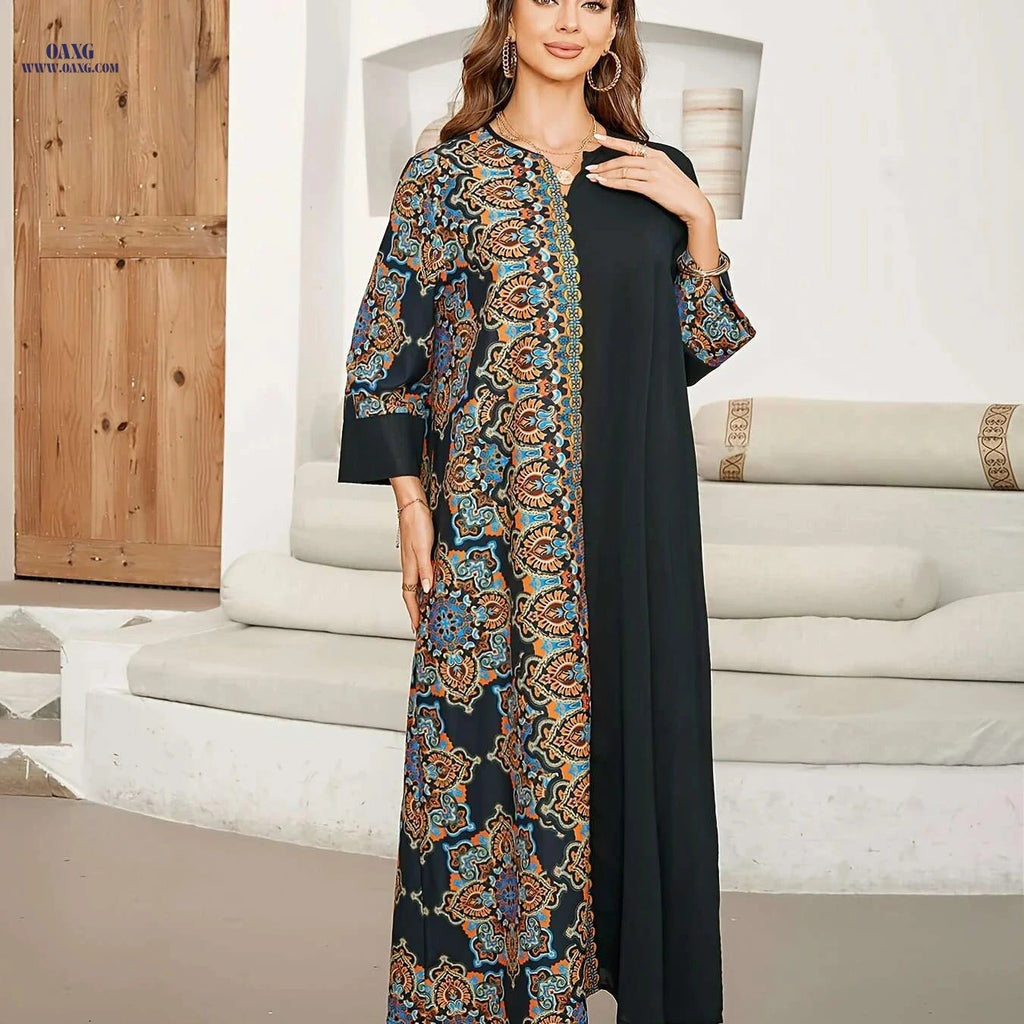 Women's Long Sleeve Maxi Kaftan Dress - Elegant Paisley, Comfortable Fit   OAXG 