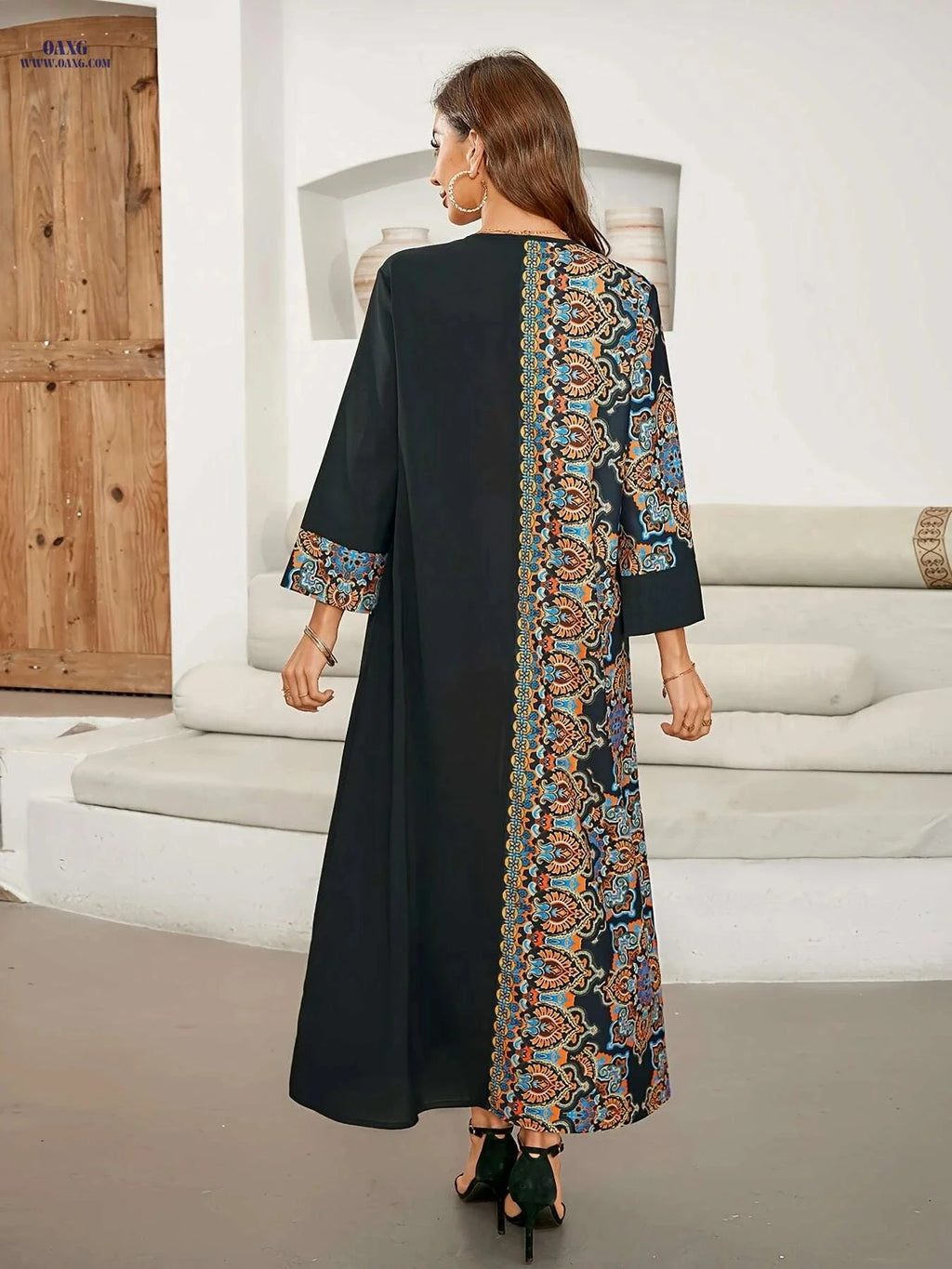 Women's Long Sleeve Maxi Kaftan Dress - Elegant Paisley, Comfortable Fit   OAXG 