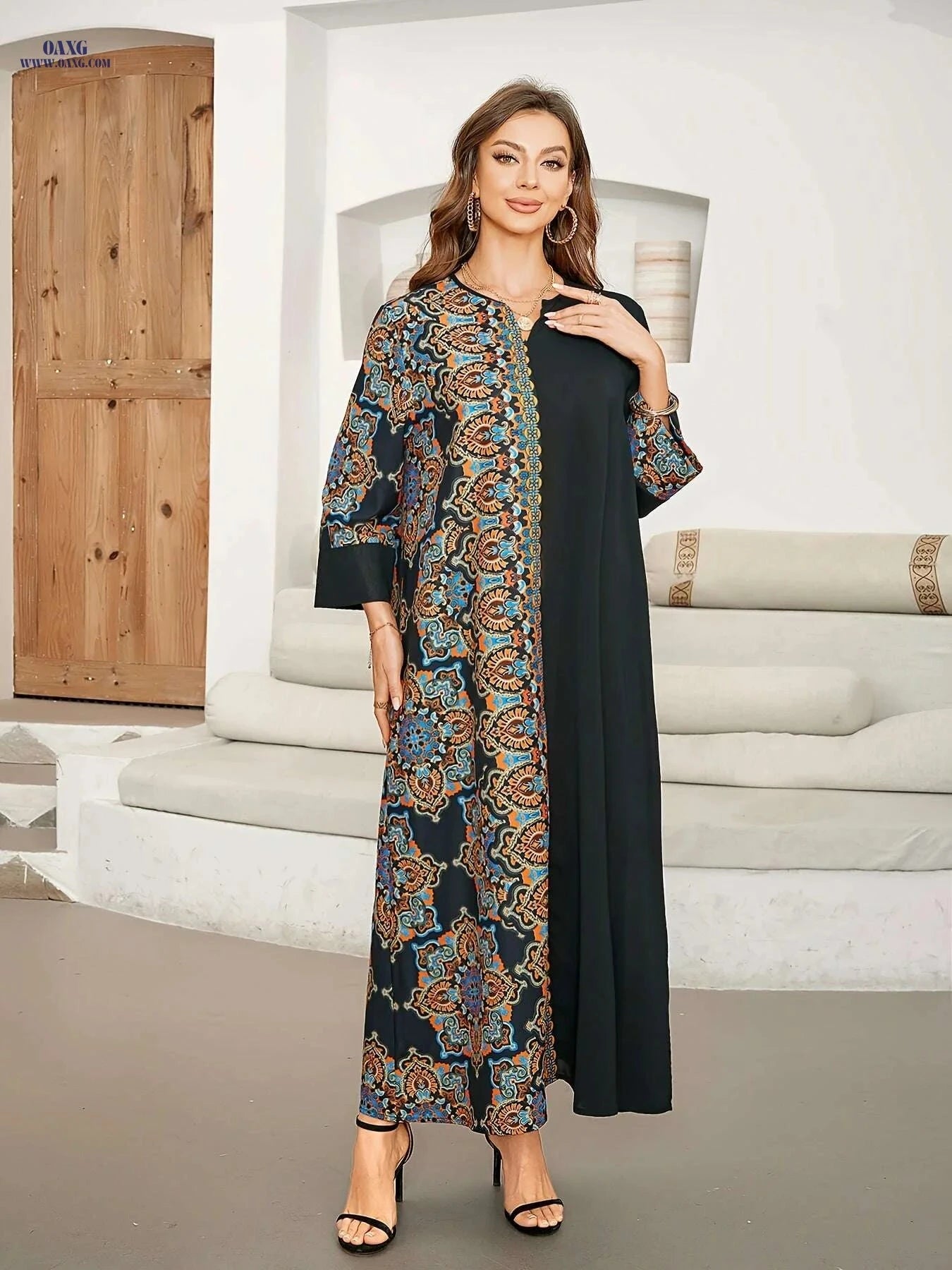 Women's Long Sleeve Maxi Kaftan Dress - Elegant Paisley, Comfortable Fit   OAXG 