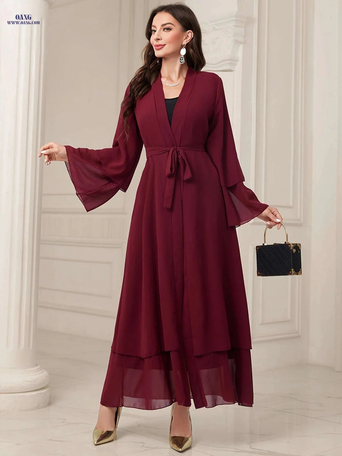 Women's Long Sleeve Modest Dress - Casual Islamic Style, Open Front   OAXG 