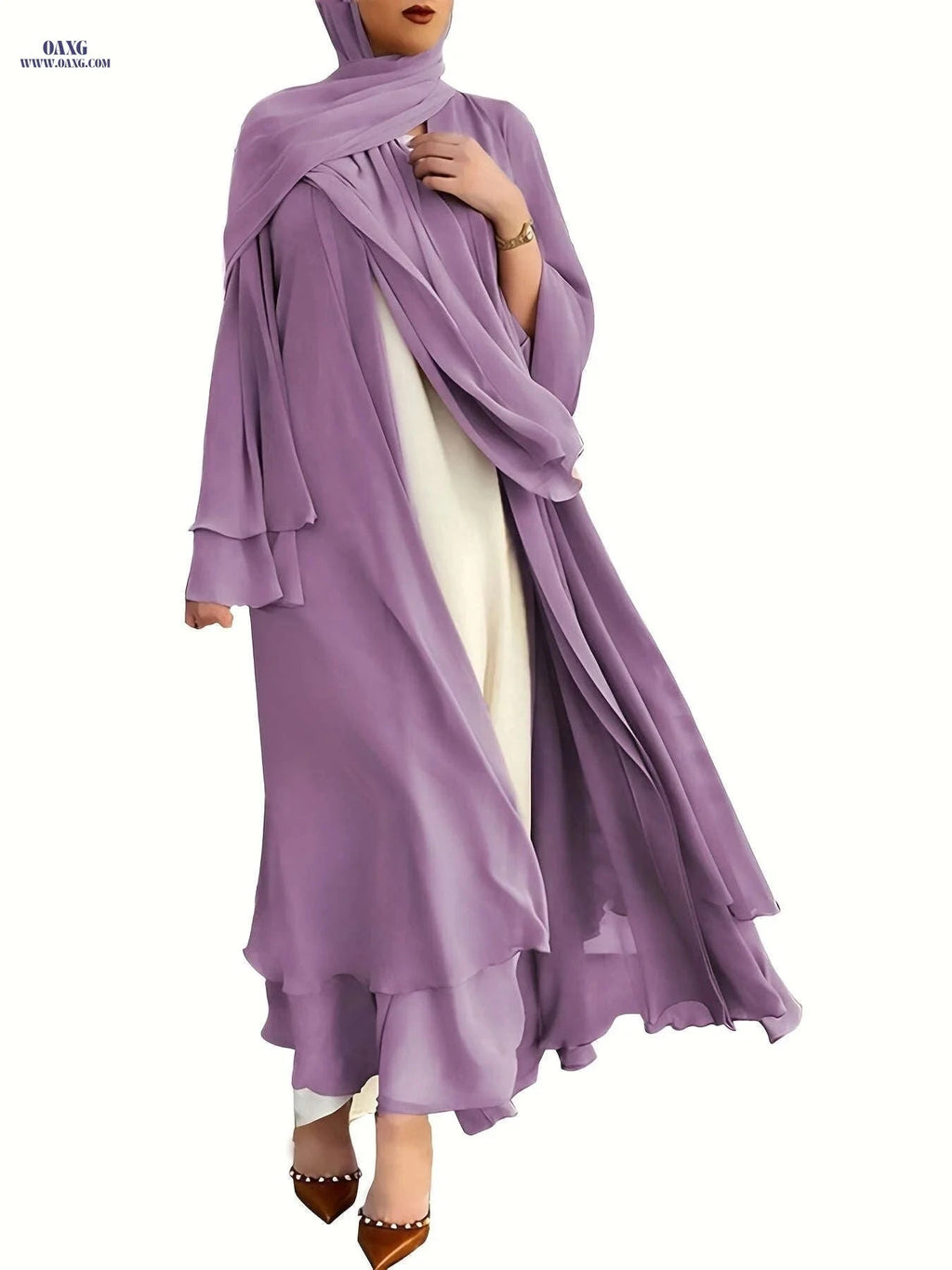 Women's Long Sleeve Modest Dress - Casual Islamic Style, Open Front   OAXG 