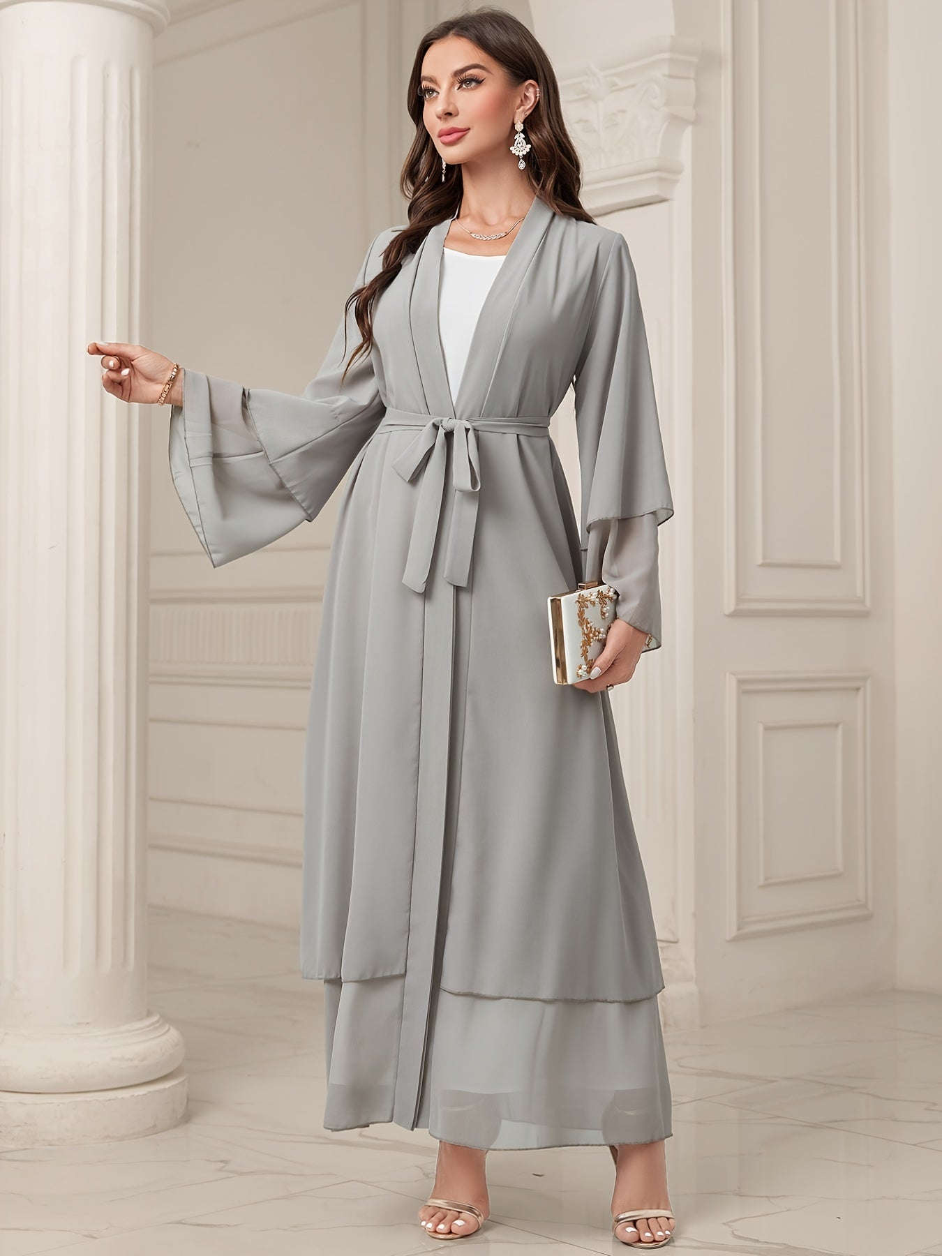 Women's Long Sleeve Modest Dress - Casual Islamic Style, Open Front   OAXG 