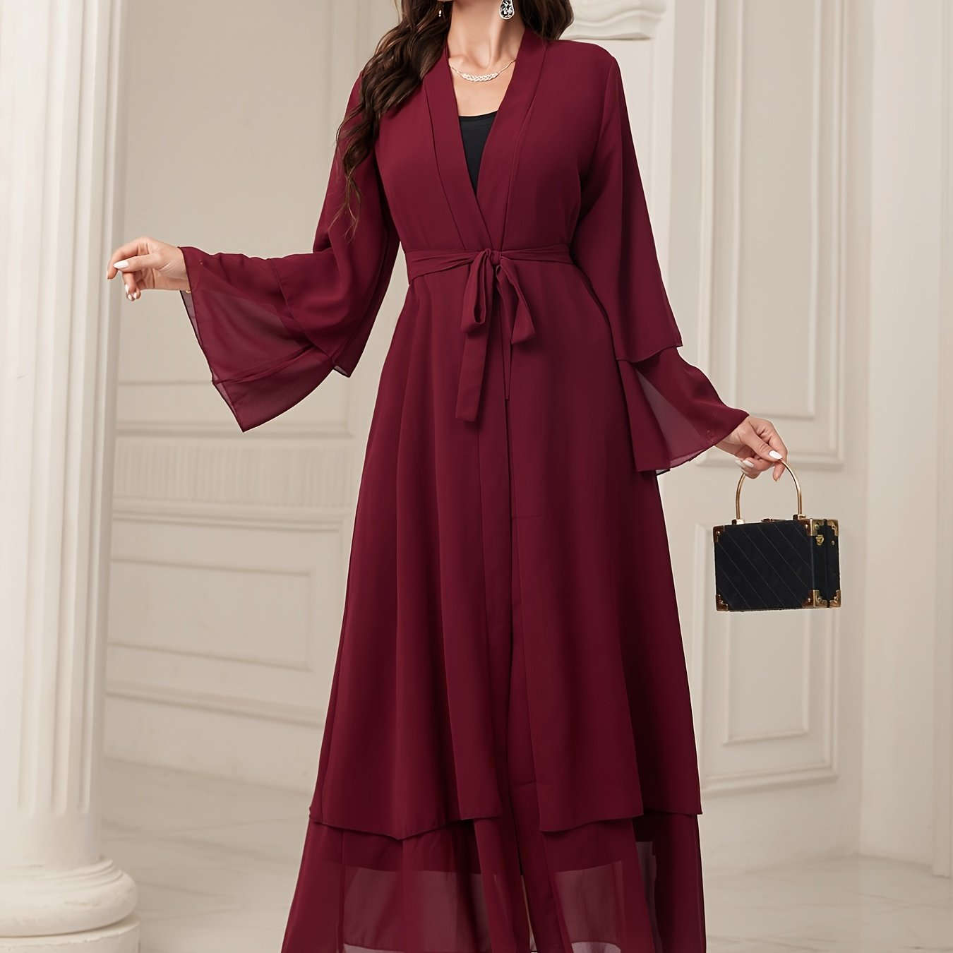 Women's Long Sleeve Modest Dress - Casual Islamic Style, Open Front   OAXG 