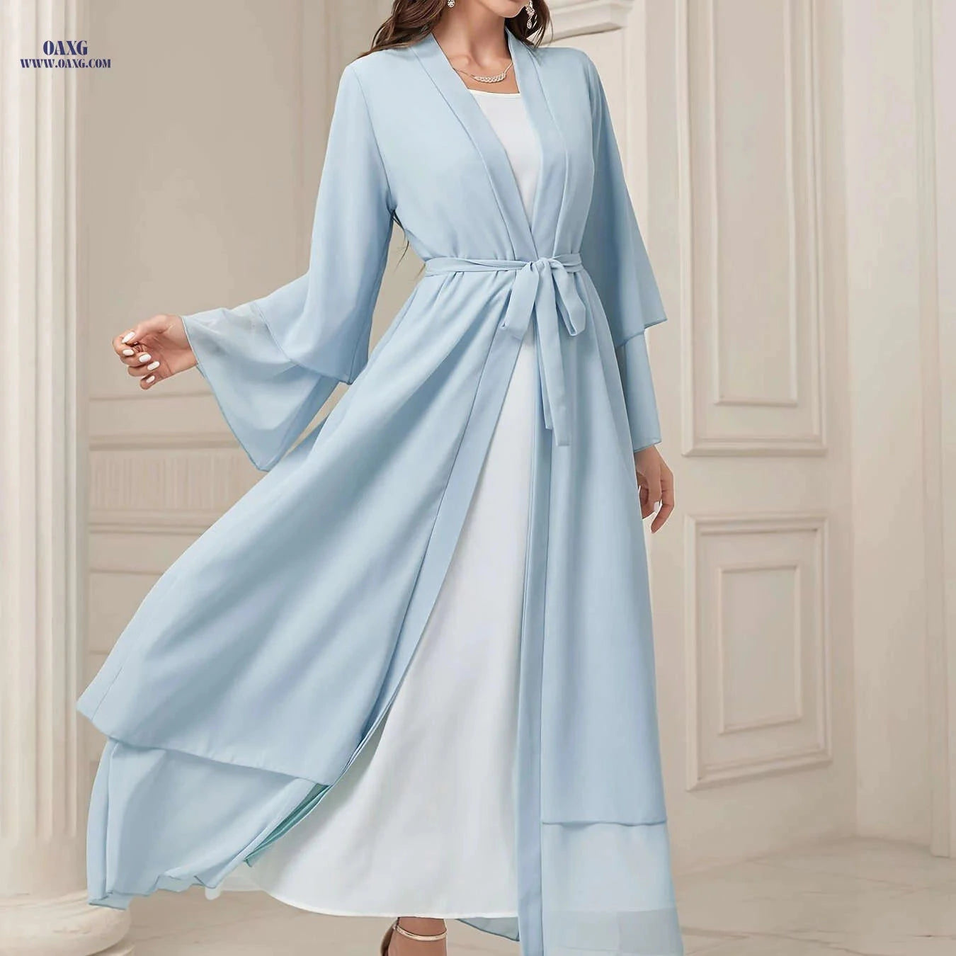 Women's Long Sleeve Modest Dress - Casual Islamic Style, Open Front   OAXG grey / S