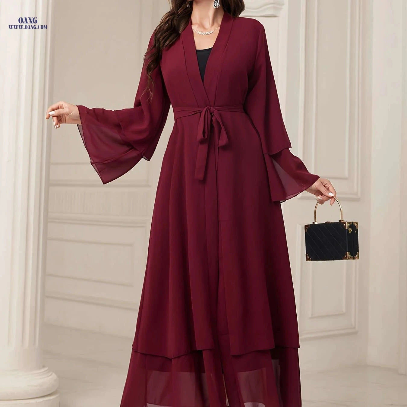 Women's Long Sleeve Modest Dress - Casual Islamic Style, Open Front   OAXG 