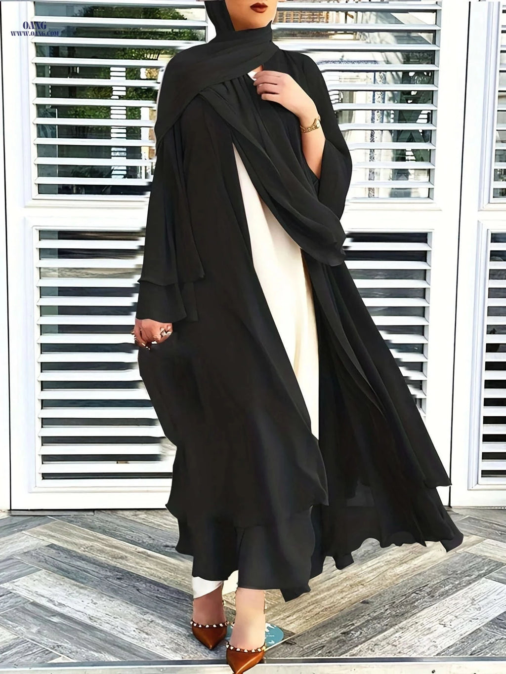 Women's Long Sleeve Modest Dress - Casual Islamic Style, Open Front   OAXG 